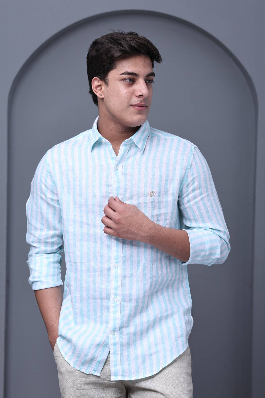 Cool Mint Stripe 100% Pure Linen Shirt