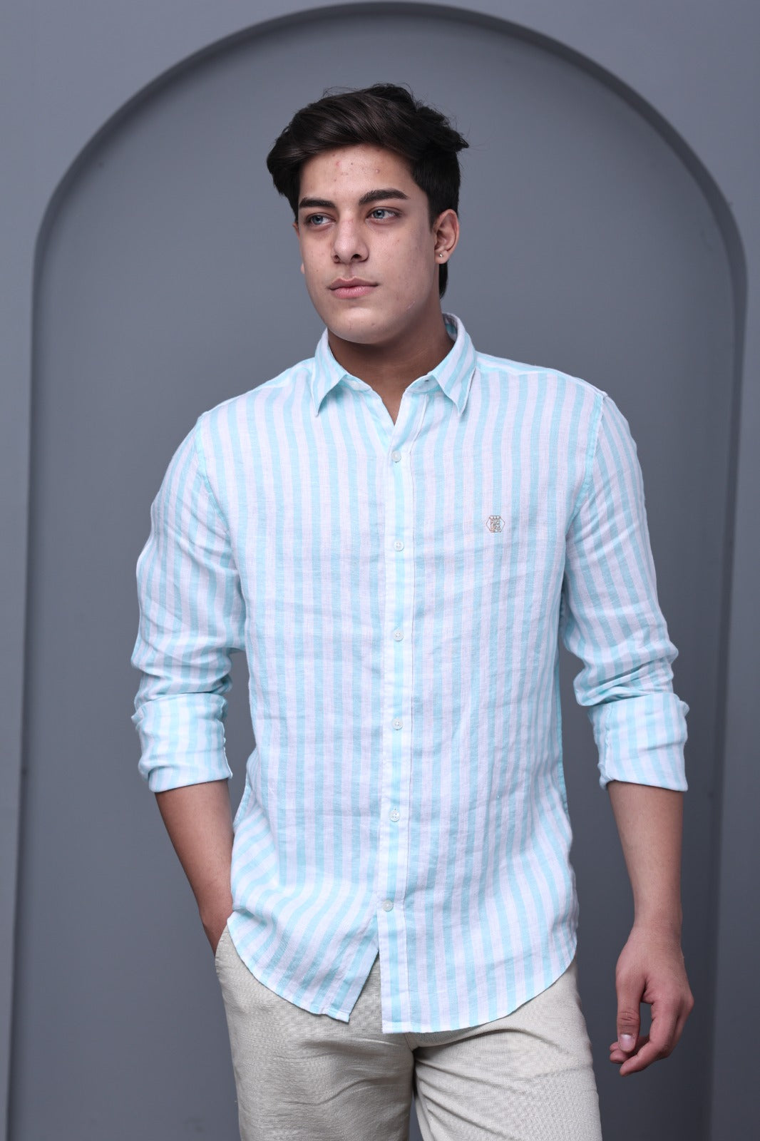 Cool Mint Stripe 100% Pure Linen Shirt