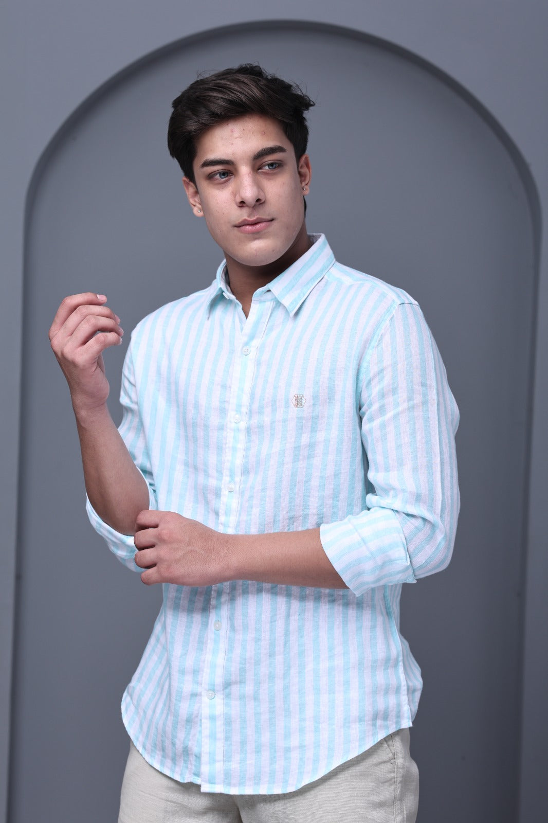 Cool Mint Stripe 100% Pure Linen Shirt