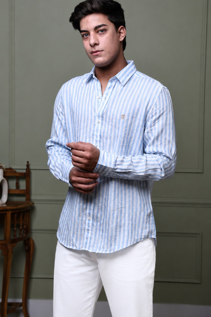 Soft Blue Stripe 100% Pure Linen Shirt