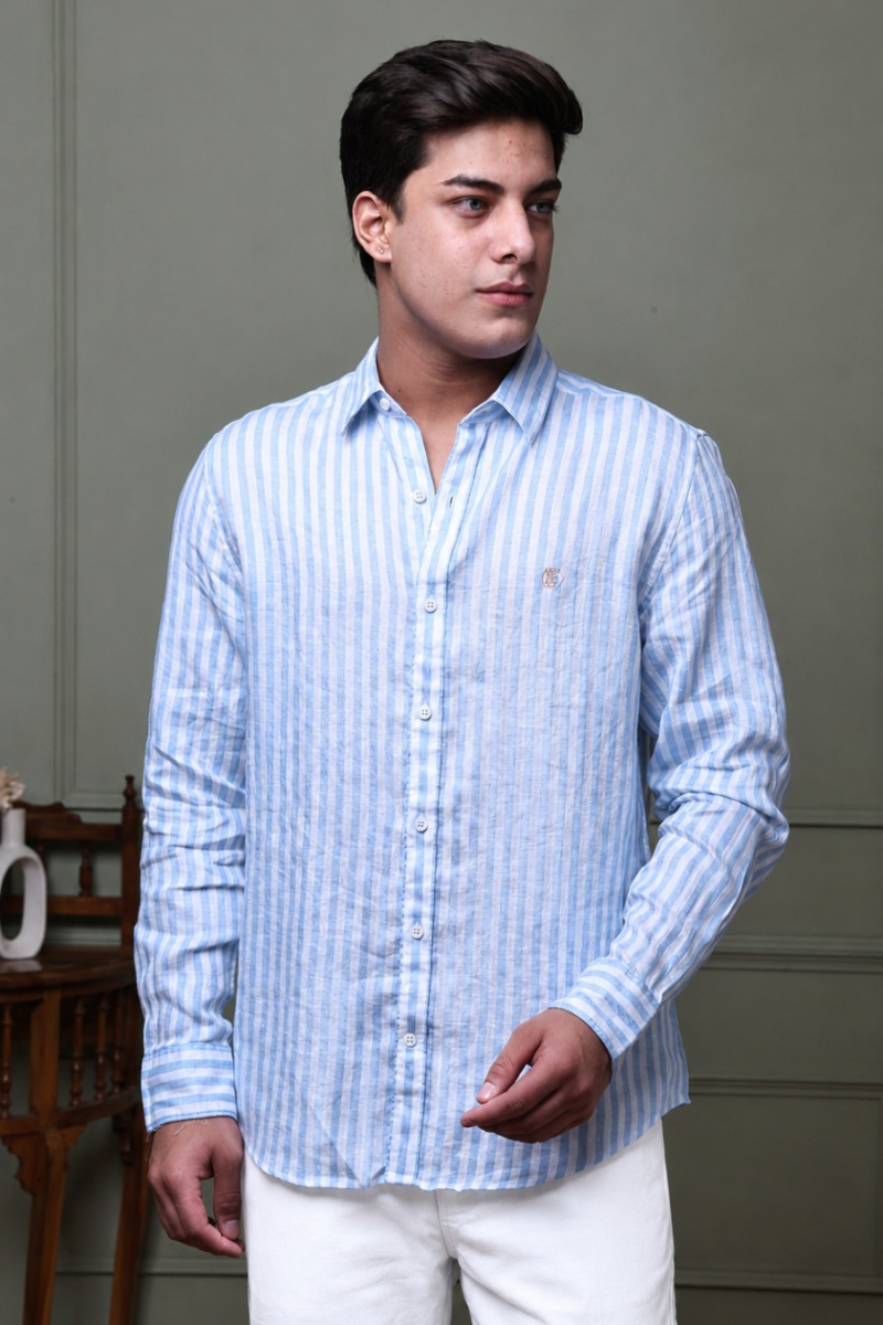 Soft Blue Stripe 100% Pure Linen Shirt