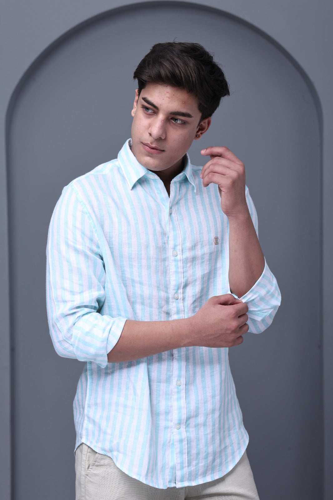 Cool Mint Stripe 100% Pure Linen Shirt