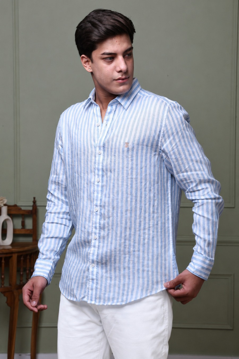 Soft Blue Stripe 100% Pure Linen Shirt