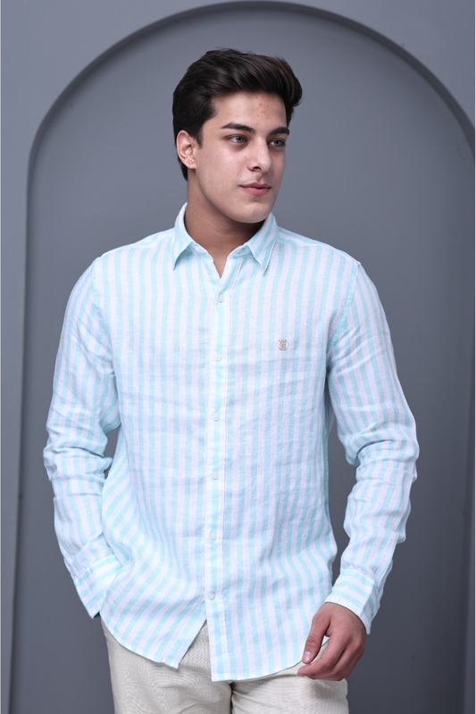 Cool Mint Stripe 100% Pure Linen Shirt