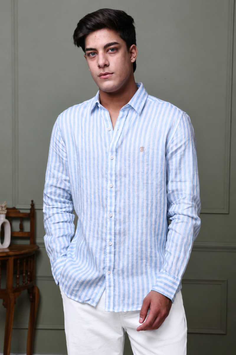 Soft Blue Stripe 100% Pure Linen Shirt