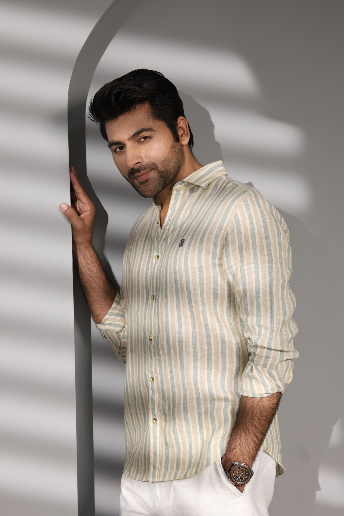 Greige Stripe 100% Pure Linen Shirt