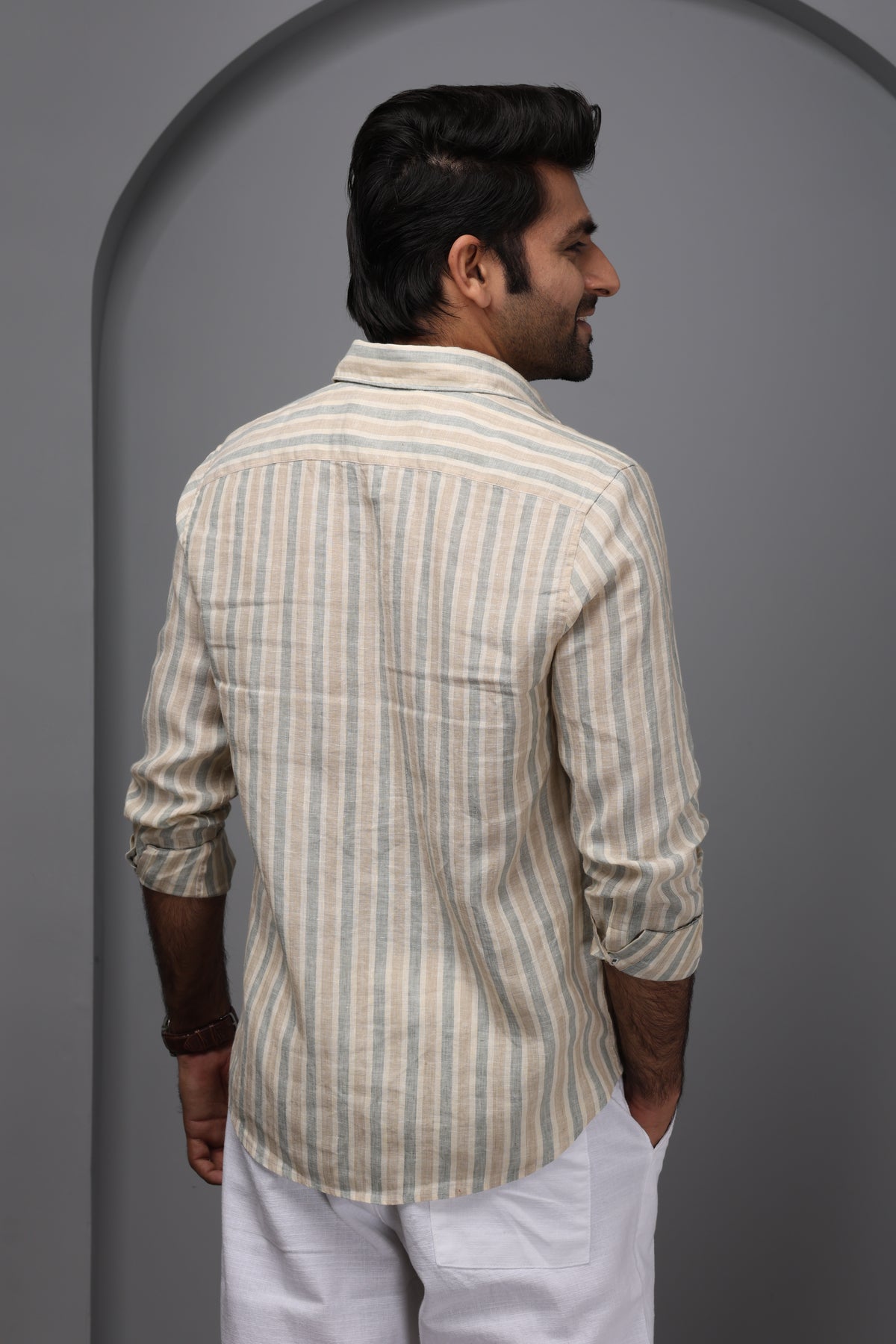 Greige Stripe 100% Pure Linen Shirt