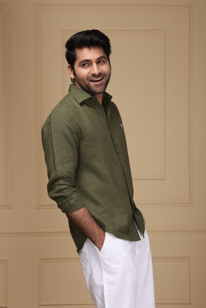 Olive Drab 100% Pure Linen Shirt