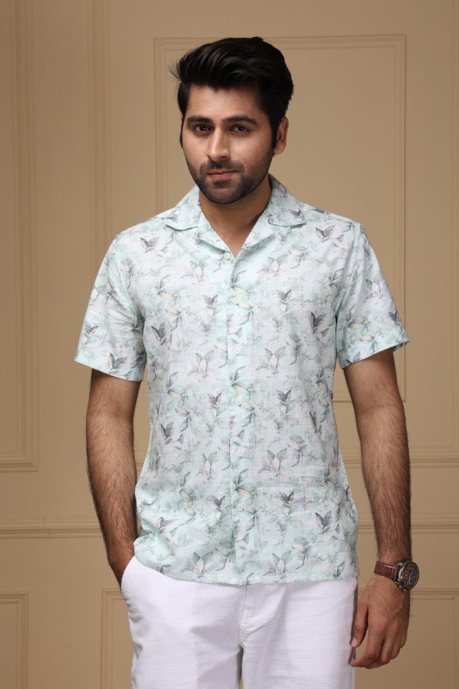 Earthy Leaf Print Linen Rich Shirt