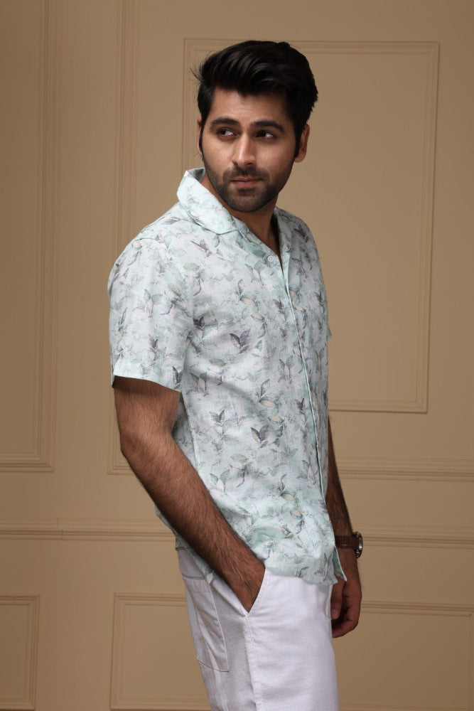 Earthy Leaf Print Linen Rich Shirt