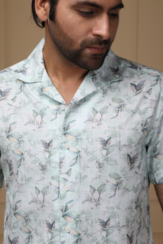 Earthy Leaf Print Linen Rich Shirt