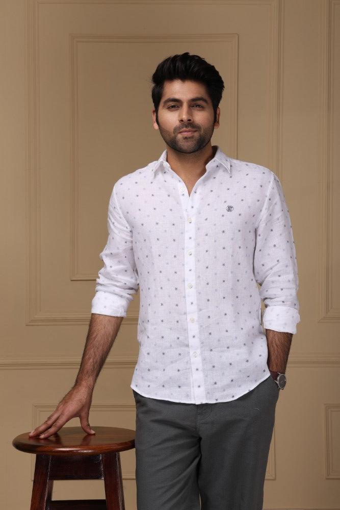 Starry White Print 100% Pure Linen Shirt