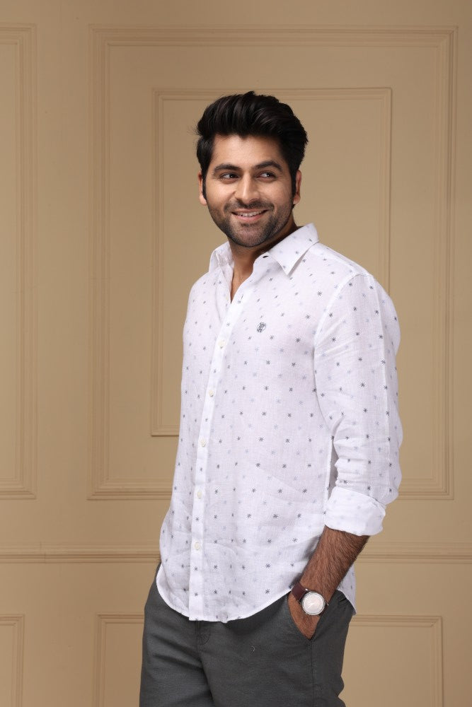 Starry White Print 100% Pure Linen Shirt