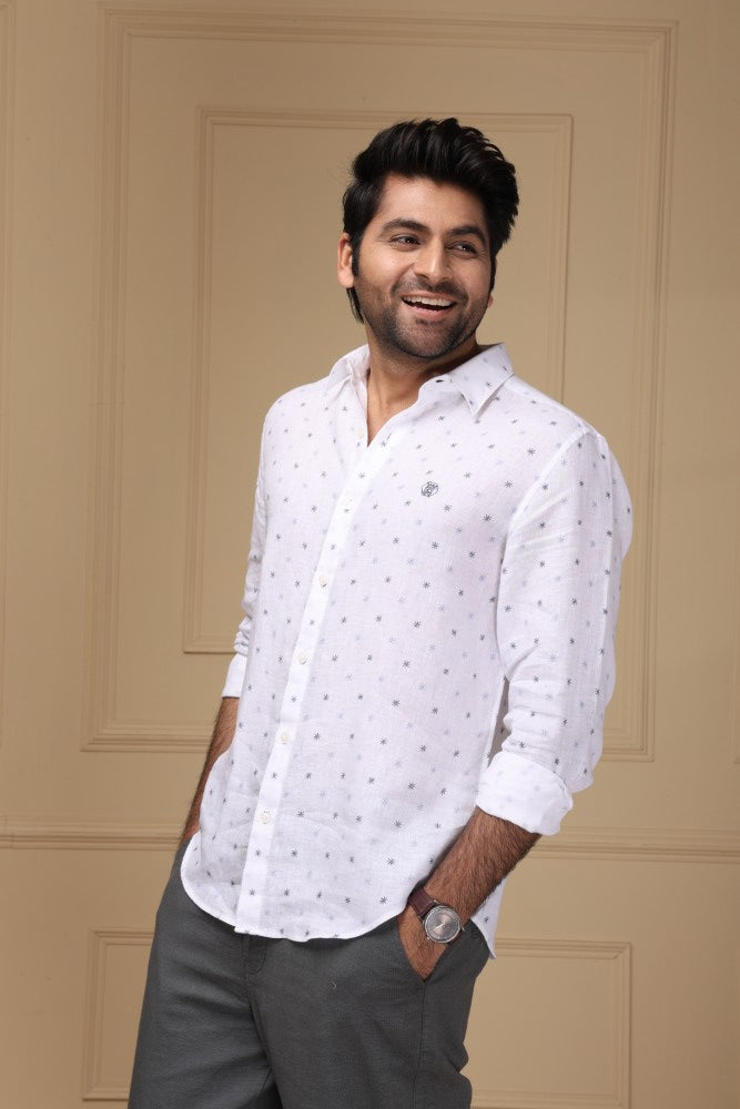 Starry White Print 100% Pure Linen Shirt