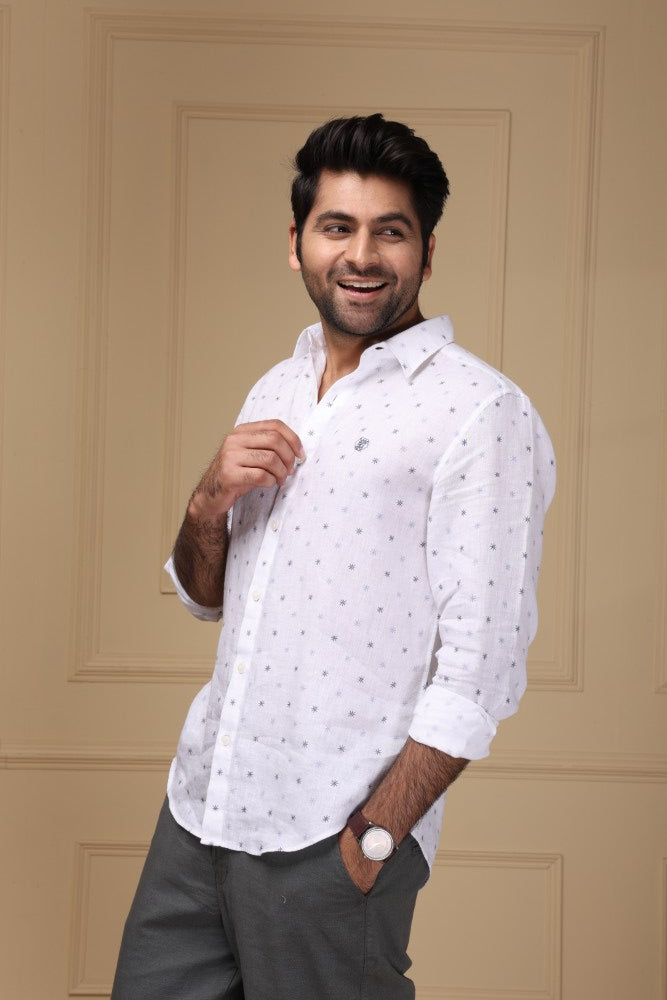Starry White Print 100% Pure Linen Shirt
