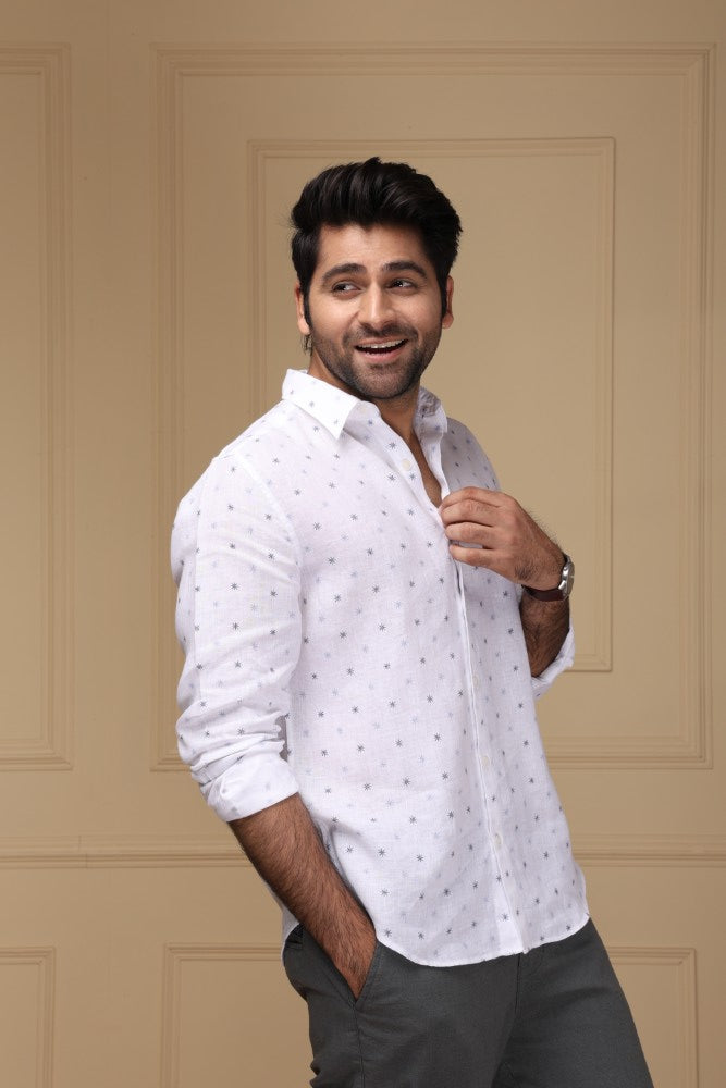 Starry White Print 100% Pure Linen Shirt