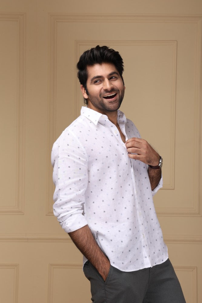 Starry White Print 100% Pure Linen Shirt