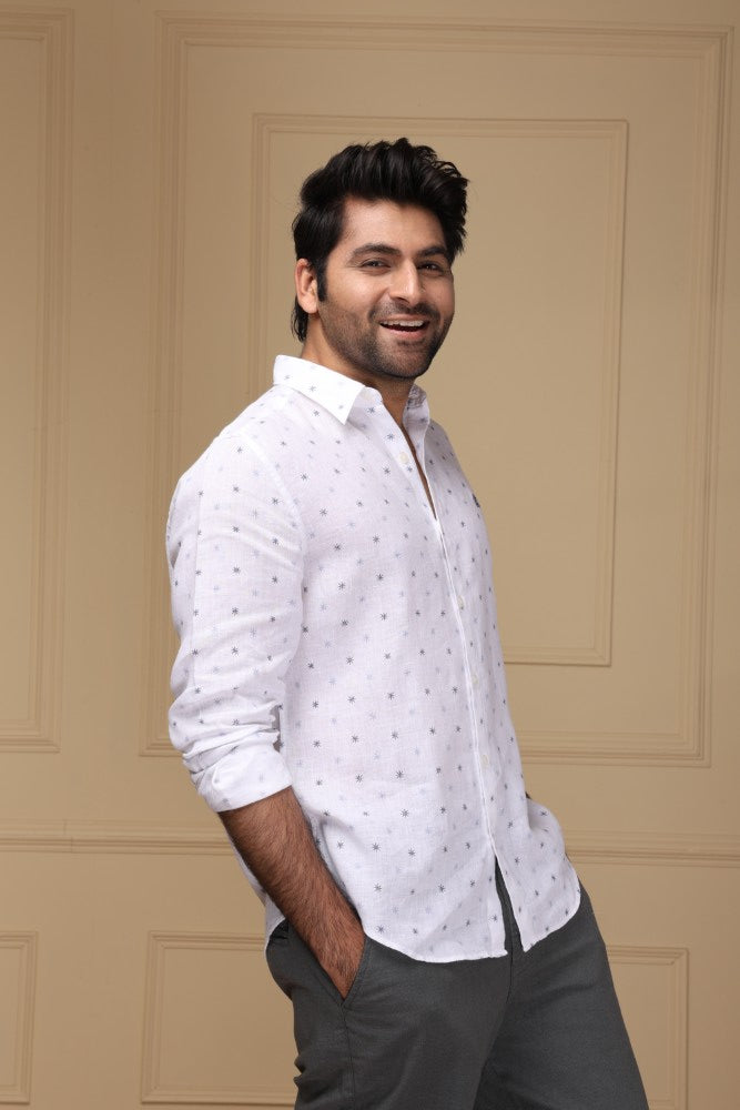 Starry White Print 100% Pure Linen Shirt