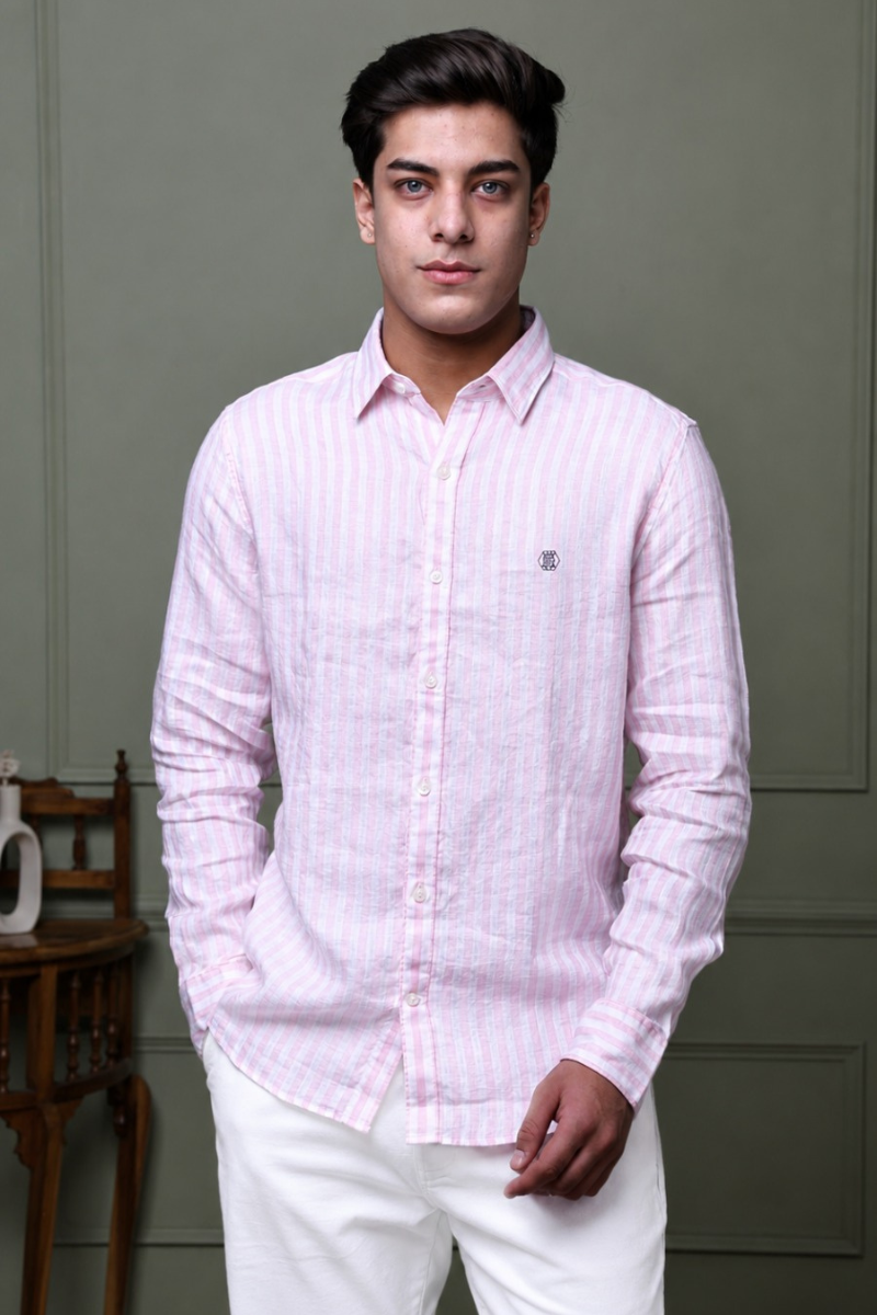Blush Pink Stripe 100% Pure Linen Shirt