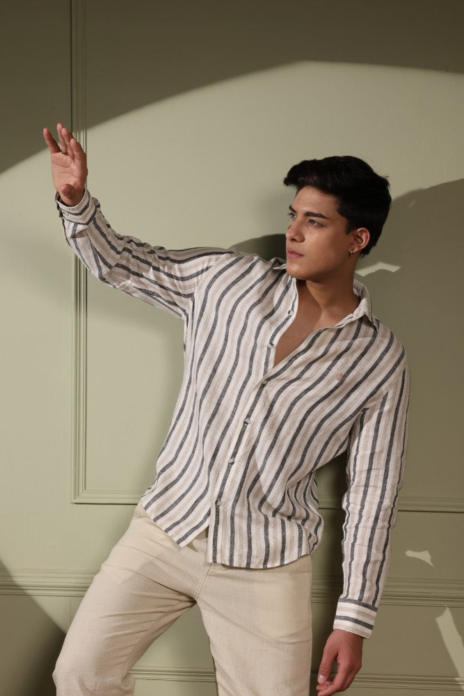 Ecru Beige Stripe 100% Pure Linen Shirt