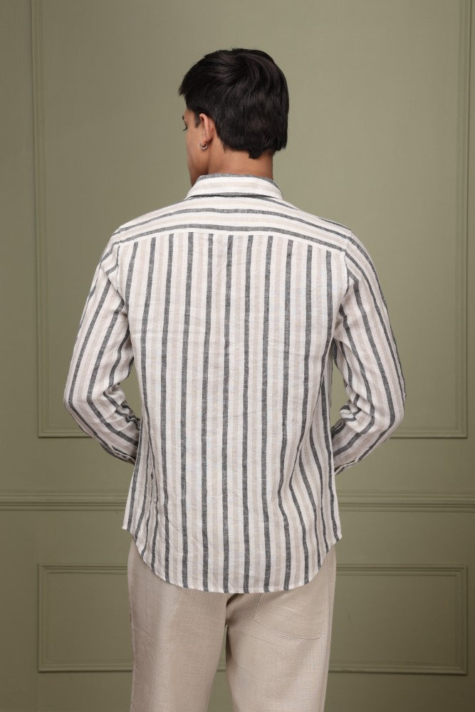 Ecru Beige Stripe 100% Pure Linen Shirt