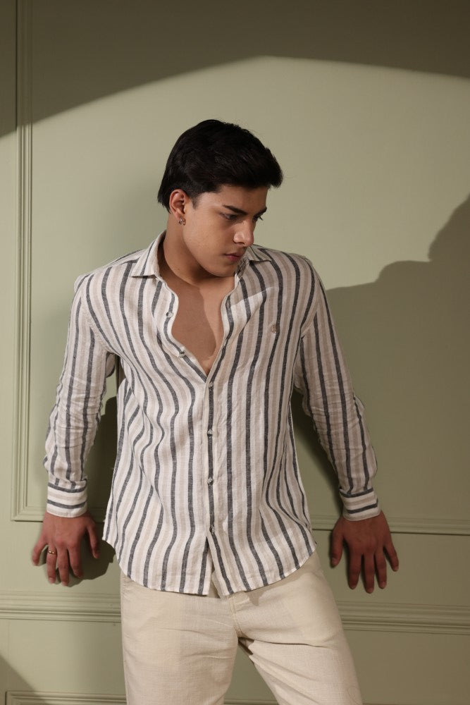 Ecru Beige Stripe 100% Pure Linen Shirt