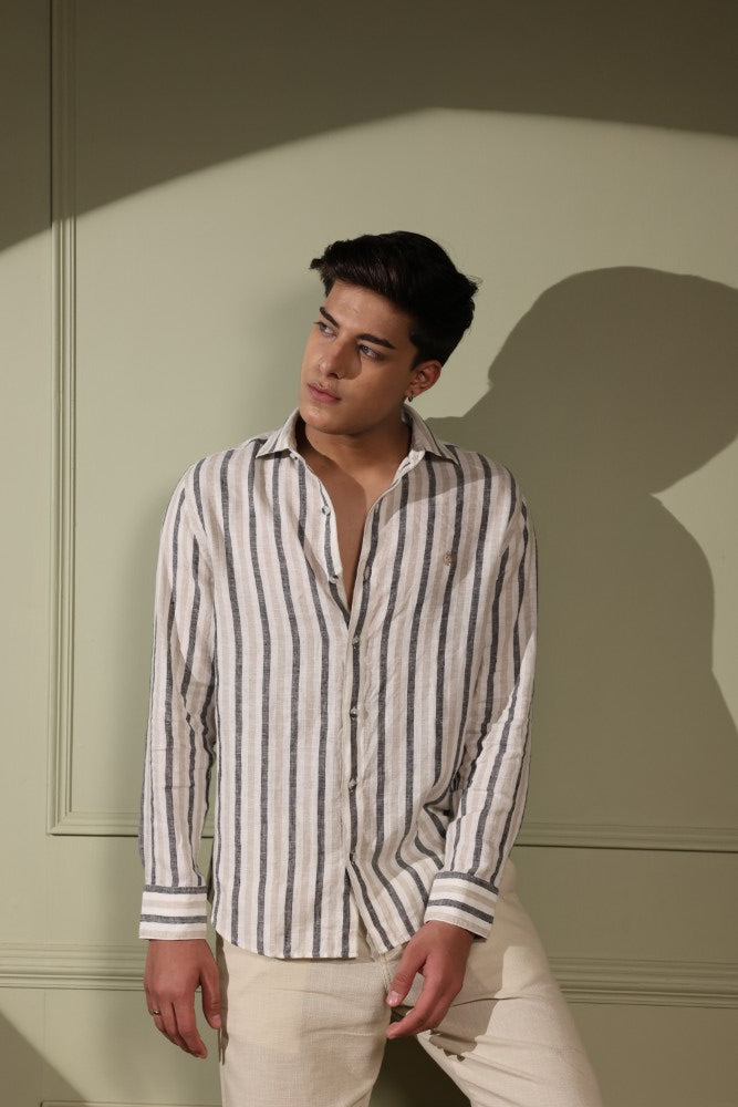 Ecru Beige Stripe 100% Pure Linen Shirt